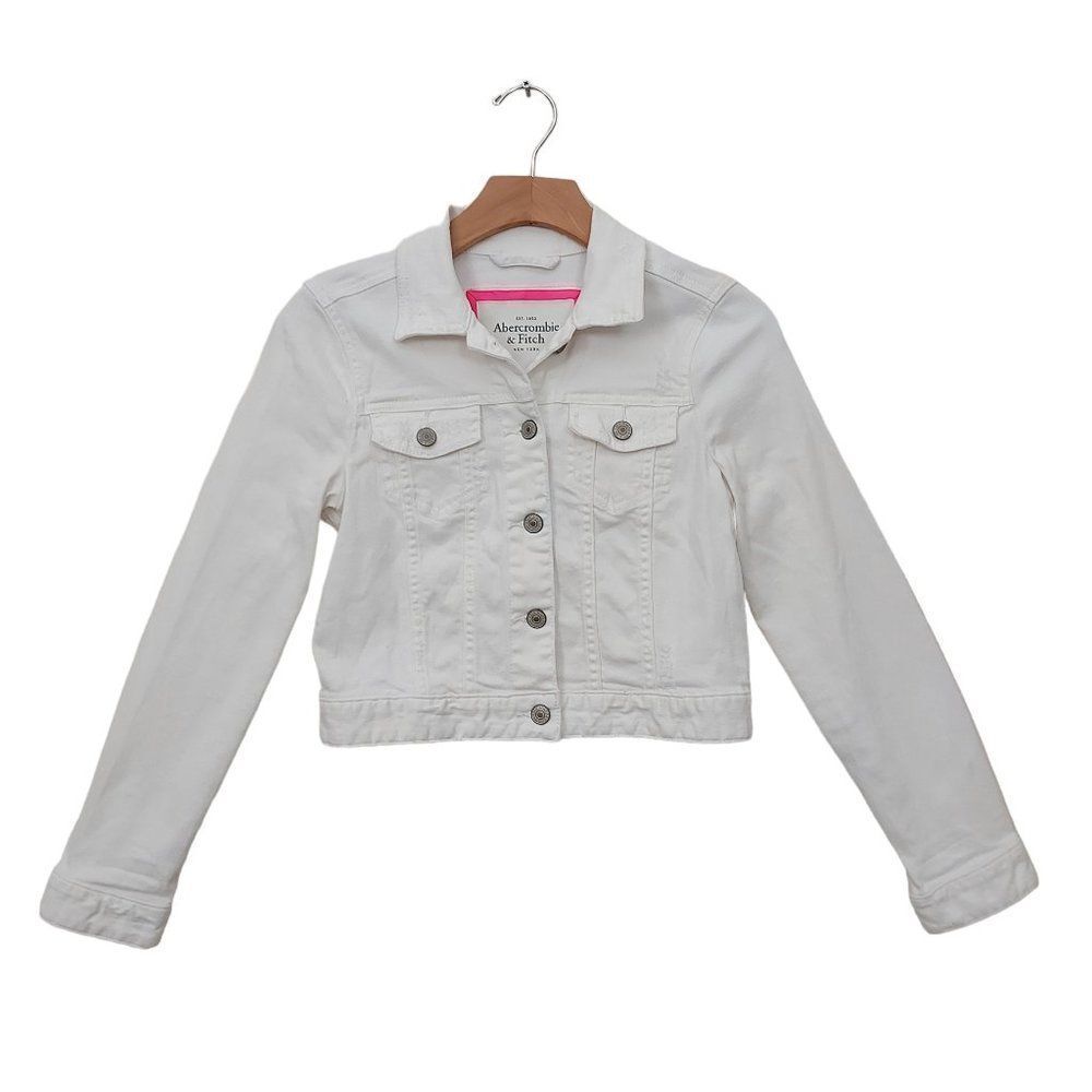 Abercrombie & Fitch Crop Jean Jacket Girls Medium 12/14 White Button Up Casual